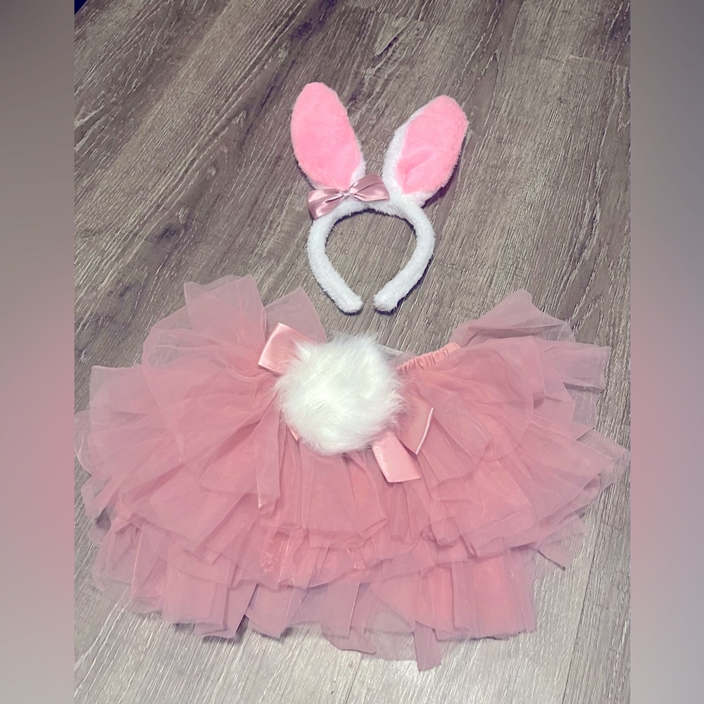 Rose Pink Easter Tu-tu With Cotton Ball On Back, Bunny Ears, & Matching Headband